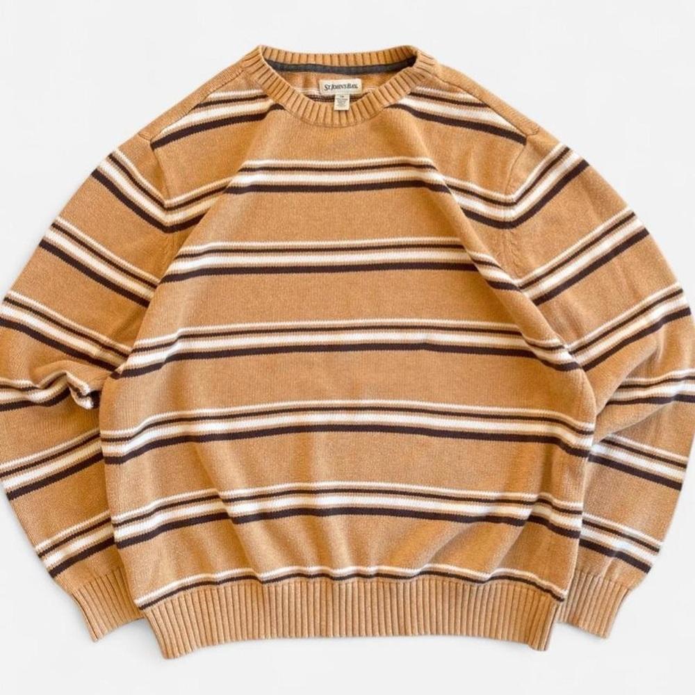 St. John’s Bay Caramel Tan Brown Striped Men’s Cotton Knit Crewneck Sweater L